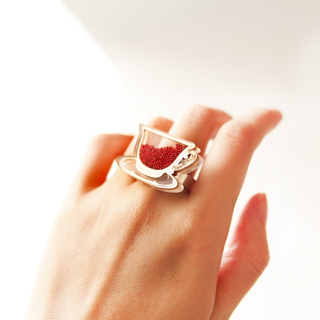 英式茶杯戒指 红色 - 戒指 - 压克力 红色