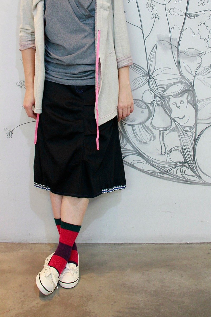 & by tan&luciana 前后立体抽褶配格子下摆六分裙 - 裙子 - 棉．麻 蓝色