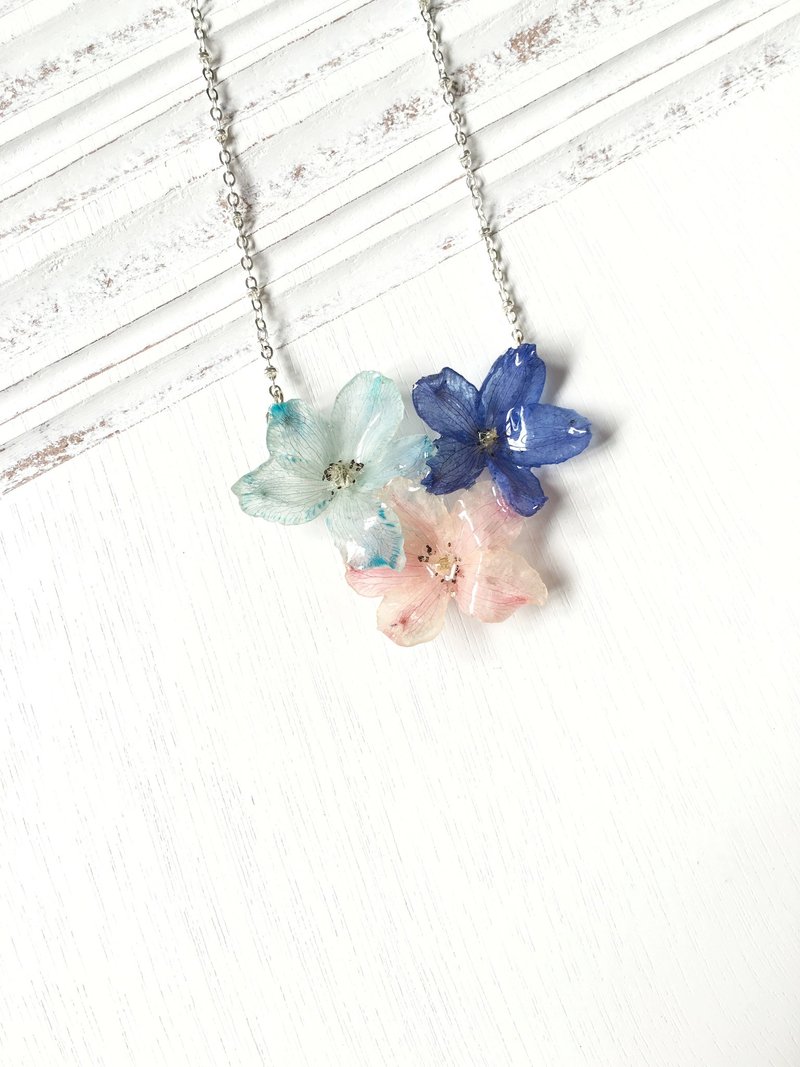*Haku·Neko* 三色 - 粉蓝x粉红x蓝大飞燕草真花颈链 (真花系列) - 颈链 - 植物．花 蓝色