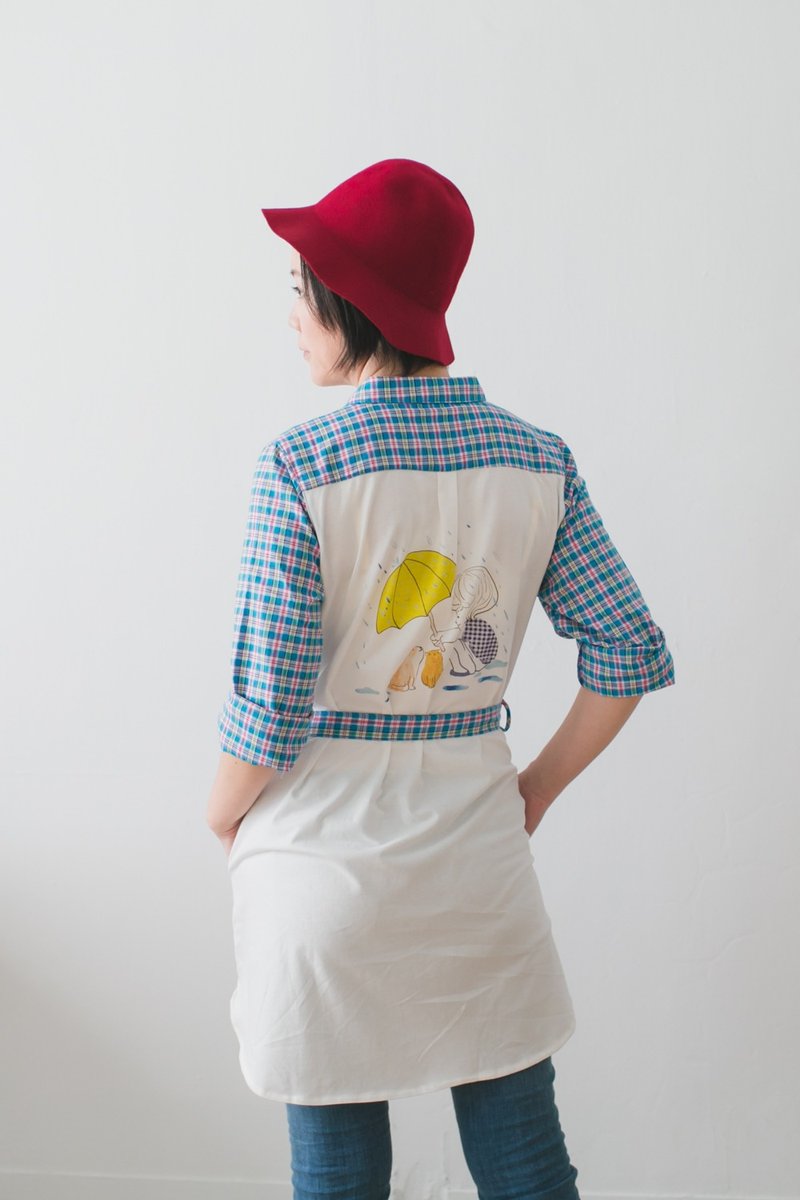 文青风蓝色方格长袖长版涂鸦衬衫_给你最好的待遇 - 女装上衣 - 棉．麻 蓝色