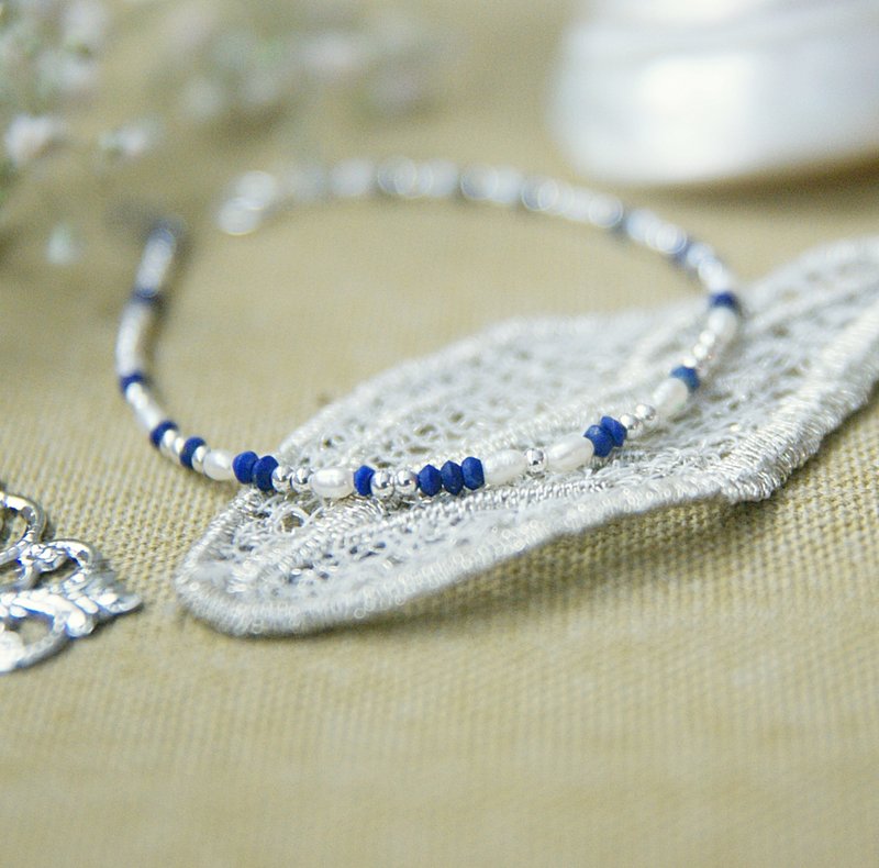 〔小步舞曲-忧伤〕青金、淡水珍珠、925纯银  ✄ 手链 手环 - 手链/手环 - 其他金属 蓝色