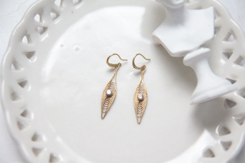 古董店之旅系列／锆石　镂空黄铜 耳环 - 耳环/耳夹 - 其他金属 金色