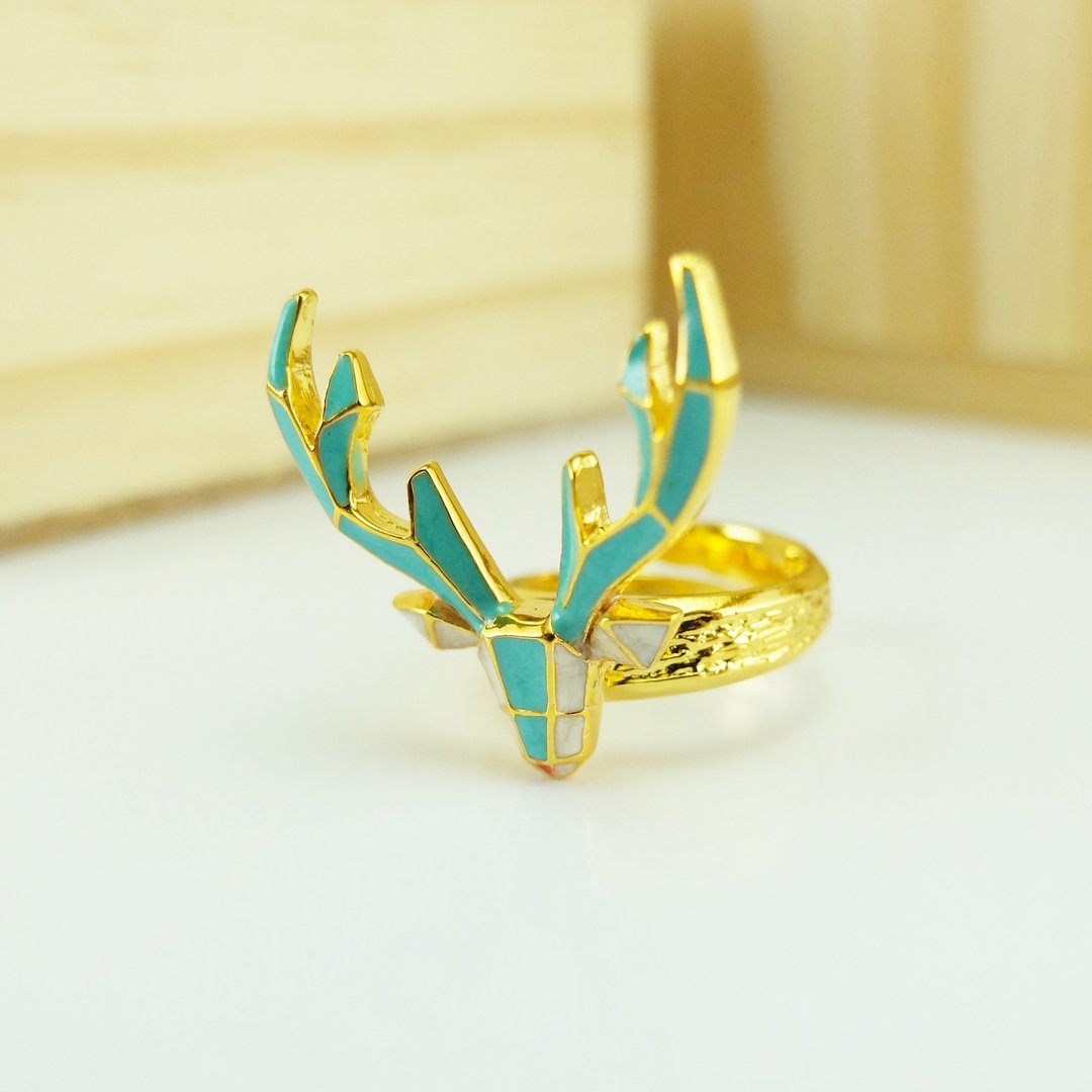 鹿头黄铜戒指 - 蓝色 - 戒指 - 其他金属 蓝色