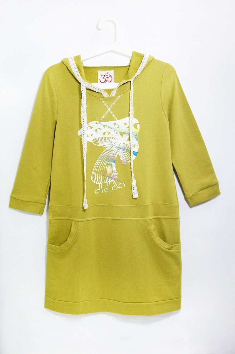 手感纯棉清新蕾丝七分袖洋装 - 尼泊尔香菇 - 洋装/连衣裙 - 棉．麻 绿色