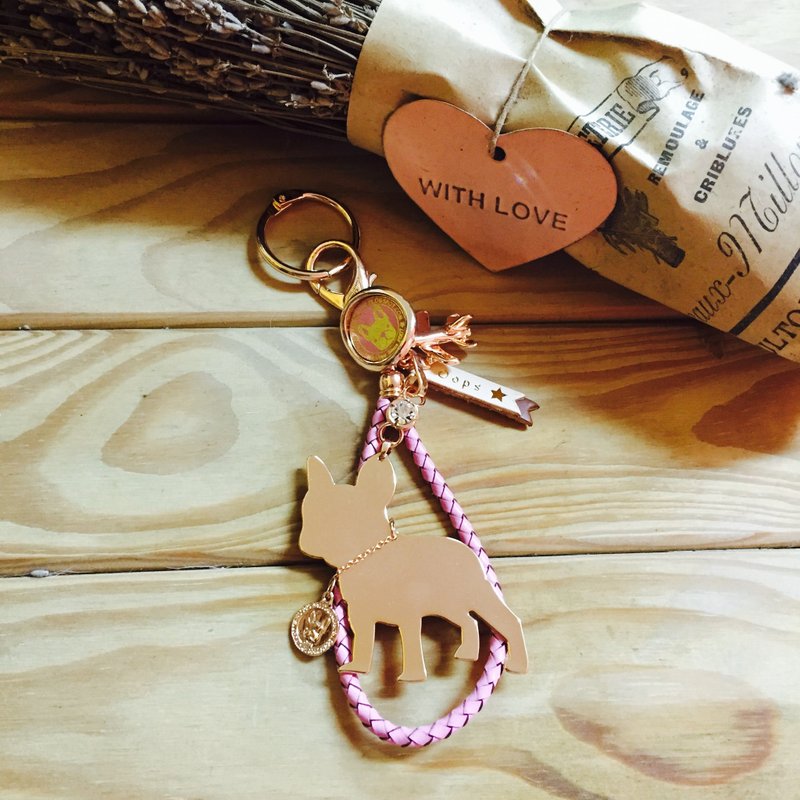 Oops 真皮编织绳法国斗牛犬剪影玫瑰金吊饰钥匙-七夕情人节礼物- - 钥匙链/钥匙包 - 其他金属 粉红色