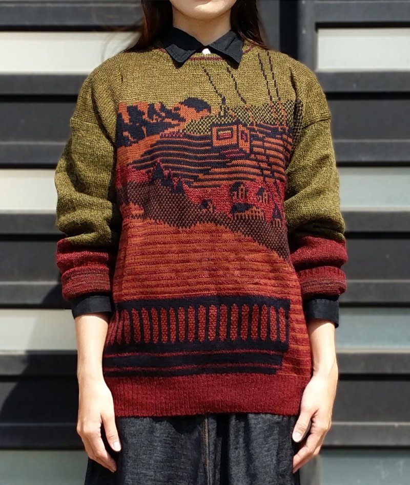 小牛村 Calf Village 古着 毛衣 复古 {农庄屋舍景} - 女装针织衫/毛衣 - 其他材质 咖啡色