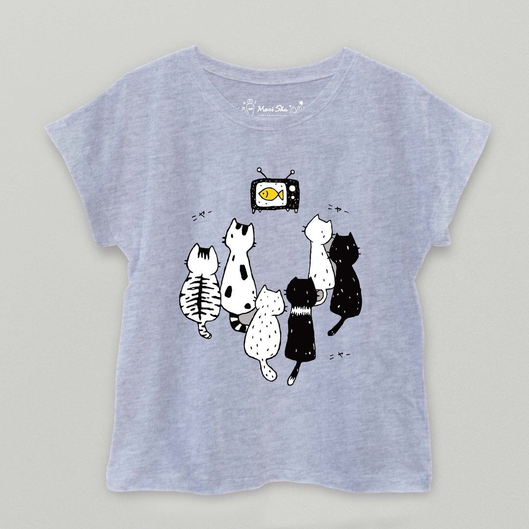 猫咪看电视T-shirt - 女装上衣 - 棉 灰色