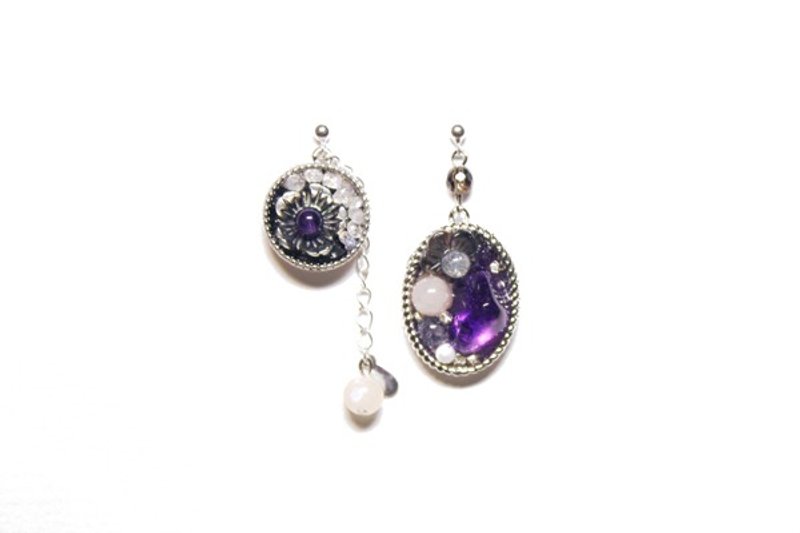 [Ofelia arts & crafts]天然石拼制创作耳环 - 紫水晶x月光石x堇青石x海水蓝宝x粉色绿柱石x珍珠x纯银珠x贝壳花纯银耳针 - 耳环/耳夹 - 宝石 