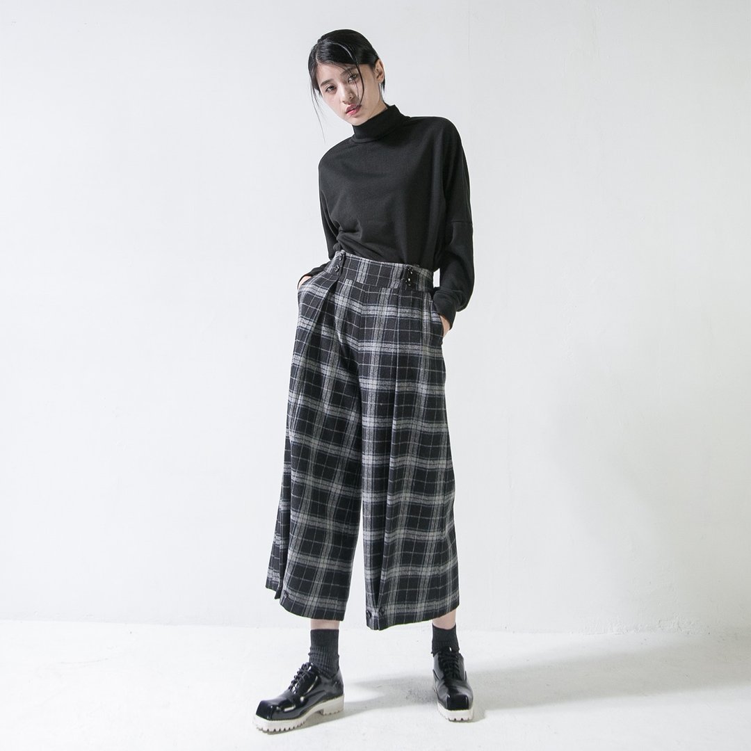 SU:MI said Clown 羊毛小丑九分宽裤_5AF305_格纹黑 - 女装长裤 - 羊毛 黑色