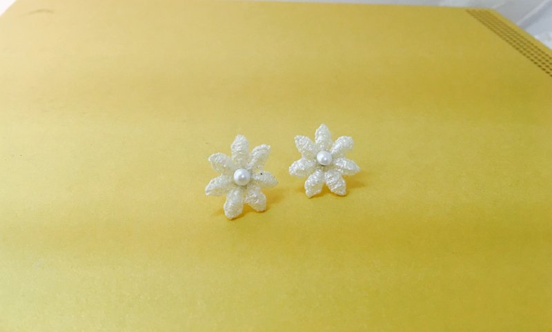 睡莲 蕾丝 夹式耳环 - 耳环/耳夹 - 绣线 蓝色