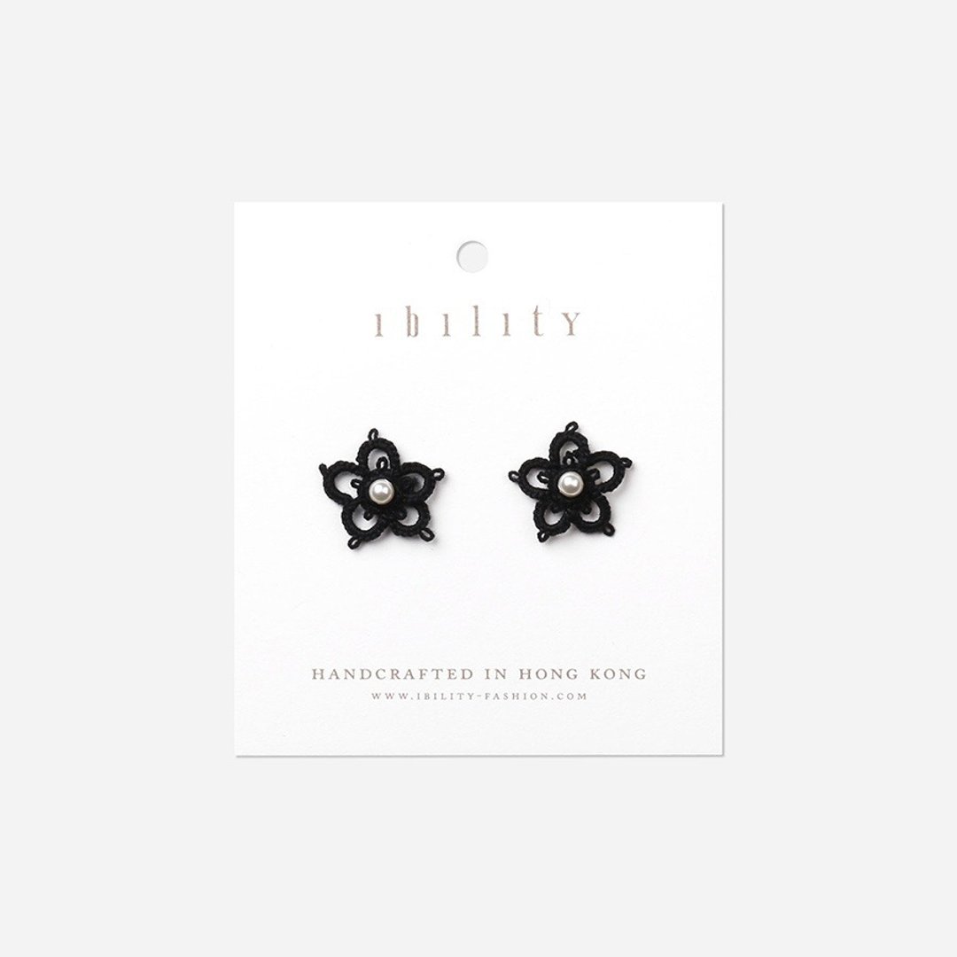 黑色玉兰钩织耳环 / Magnolia Tatted Earrings - 耳环/耳夹 - 棉 黑色