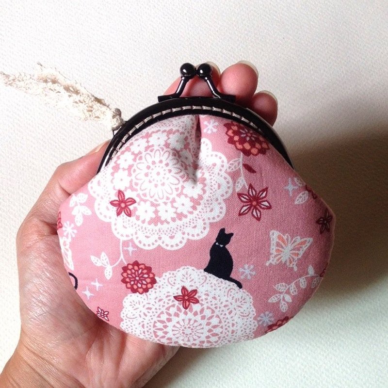 hm2。蕾丝&黑猫  贝壳。口金包 - 零钱包 - 棉．麻 粉红色