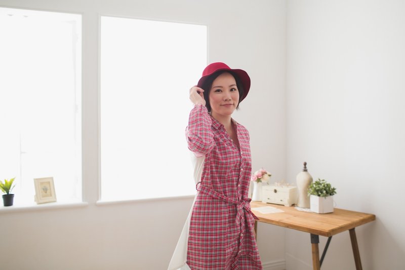 温暖红色方格时尚长袖长版涂鸦衬衫_我就是我 - 女装上衣 - 棉 红色