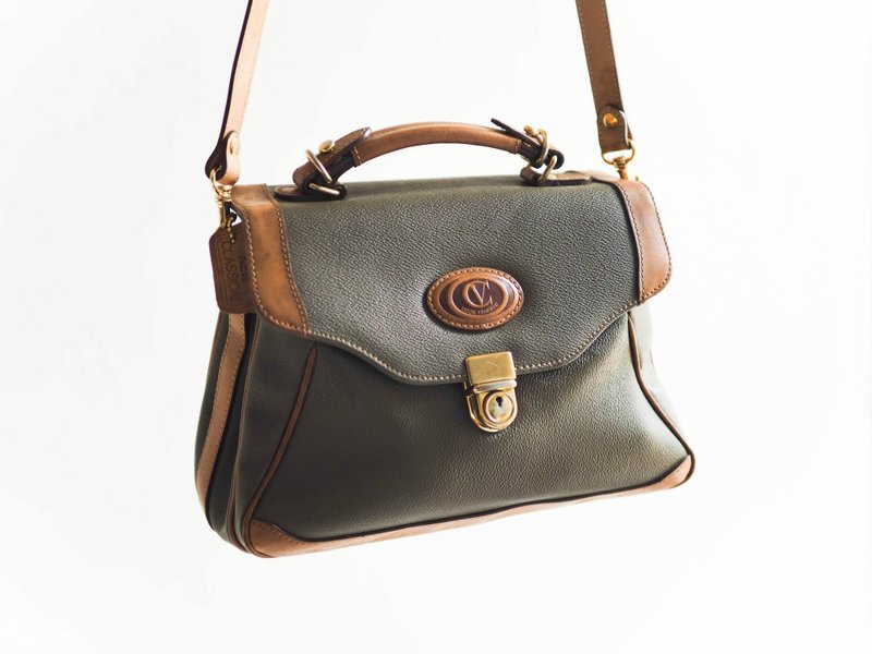 河水山 -真皮侧背包 提包 两用包 古董 早期 复古 古着包 vintage - 侧背包/斜挎包 - 纸 绿色