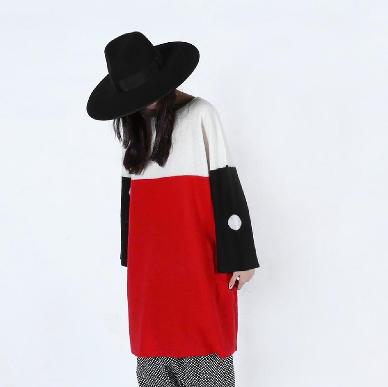 红白黑拼色圆领长款羊毛衣 - imakokoni - 女装上衣 - 其他材质 红色