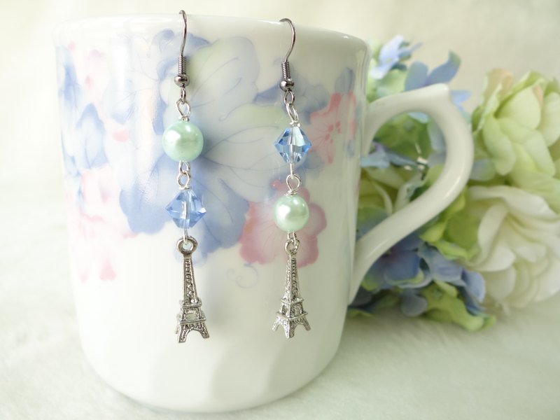 清透蓝简约巴黎铁塔耳环 - 耳环/耳夹 - 其他金属 蓝色