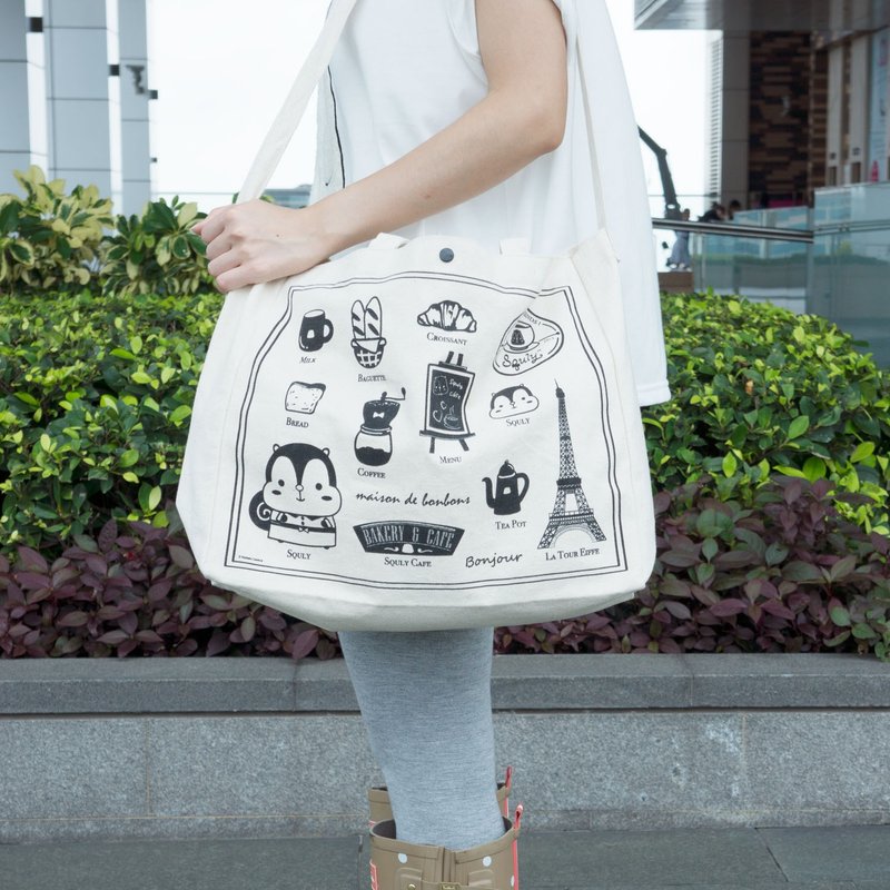 咖啡店图案帆布手提袋 (E002SQB) - 侧背包/斜挎包 - 棉．麻 卡其色