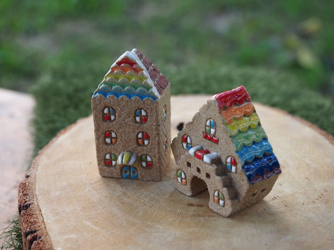 【彩虹村 Rainbow Village】 -超可爱陶手作彩虹冰淇淋店和小商铺2件组 - 摆饰 - 其他材质 多色