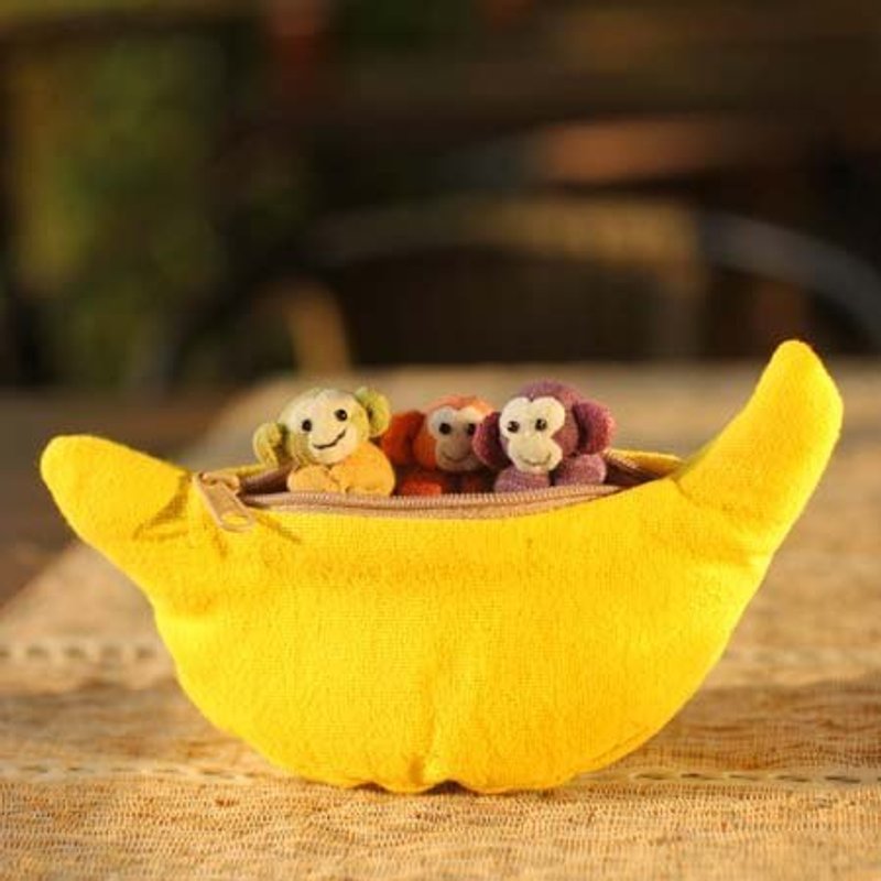 香蕉豆夹猴零钱包 - 零钱包 - 棉．麻 黄色