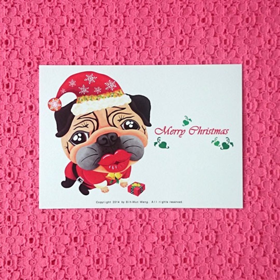 Merry Christmas 圣诞快乐 巴哥明信片-03 - 卡片/明信片 - 纸 白色
