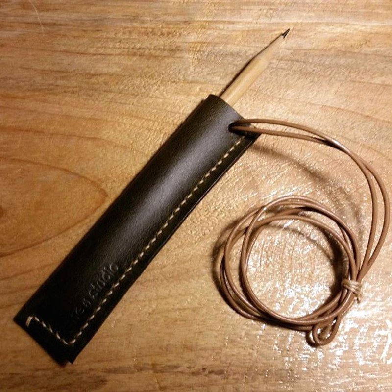 031 手缝橄榄绿真皮牛皮随身笔袋/笔套 - 铅笔盒/笔袋 - 真皮 绿色