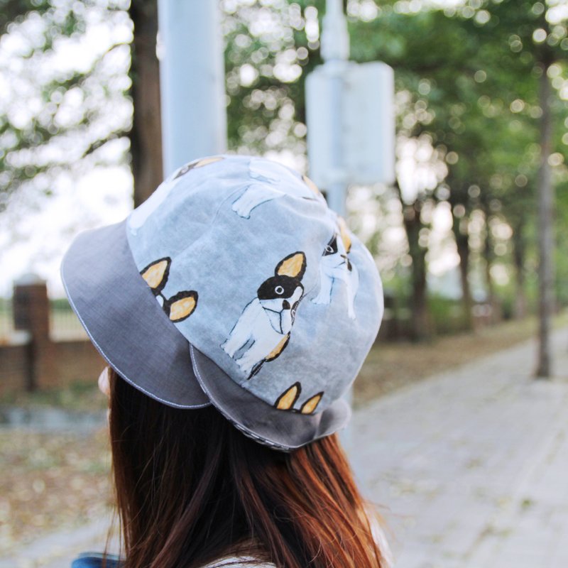 带我去散步!斗牛犬印花圆顶帽(双面带/布花x格纹)：杉叶原创自制 - 帽子 - 其他材质 