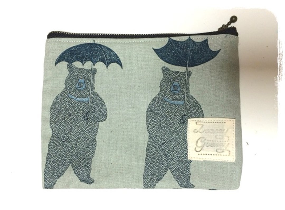 Umbrella and bear Petanko Porch: Blue Gray - 化妆包/杂物包 - 棉 灰色