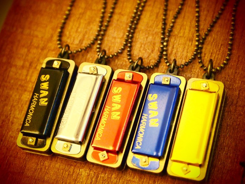 复古迷你小口琴长项链 Mini harmonica  ( 细珠链款） - 长链 - 其他材质 蓝色