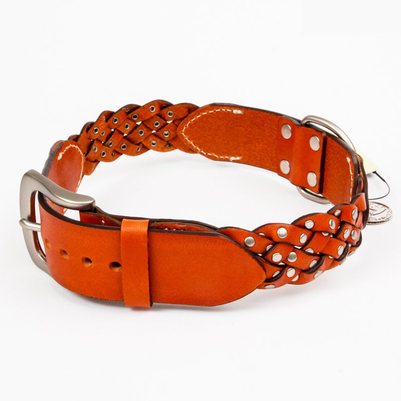 Ella Wang Design 拼接皮编铆钉真皮项圈-橘黄 宠物项圈 - 项圈/牵绳 - 真皮 橘色