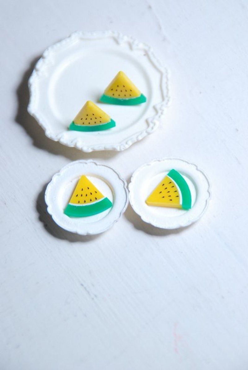 夏天就爱这一味/小玉西瓜/抗过敏钢针/可改夹式 - 耳环/耳夹 - 塑料 黄色