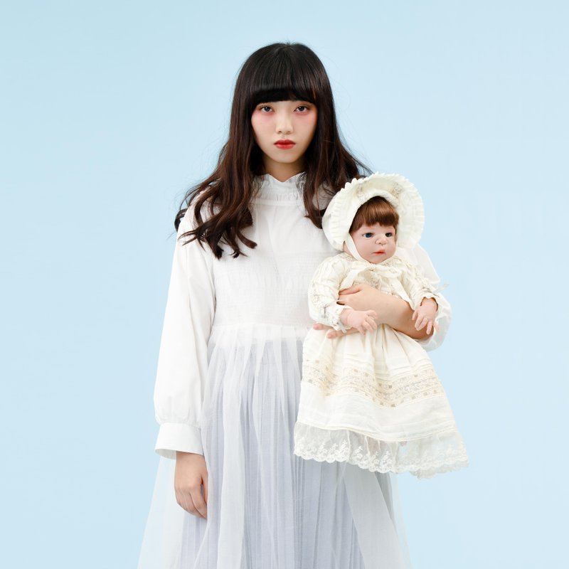 透明皱摺绣罩衫高腰连衣裙 - 洋装/连衣裙 - 其他材质 白色