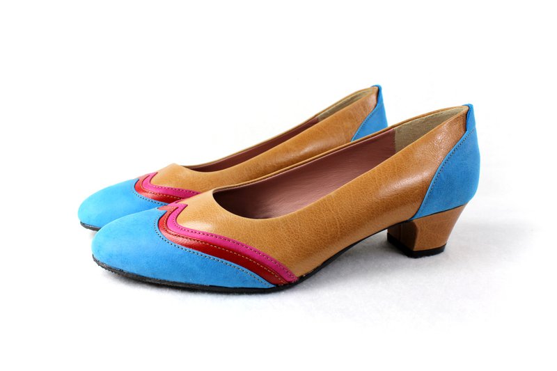 蓝棕 尖头低跟鞋 - 女款牛津鞋/乐福鞋 - 真皮 蓝色