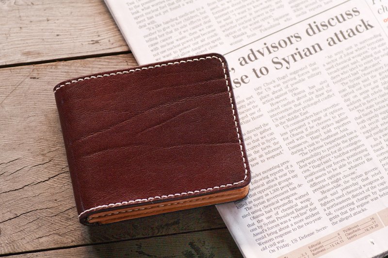 义大利牛肩皮手缝短夹 - 皮夹/钱包 - 真皮 咖啡色