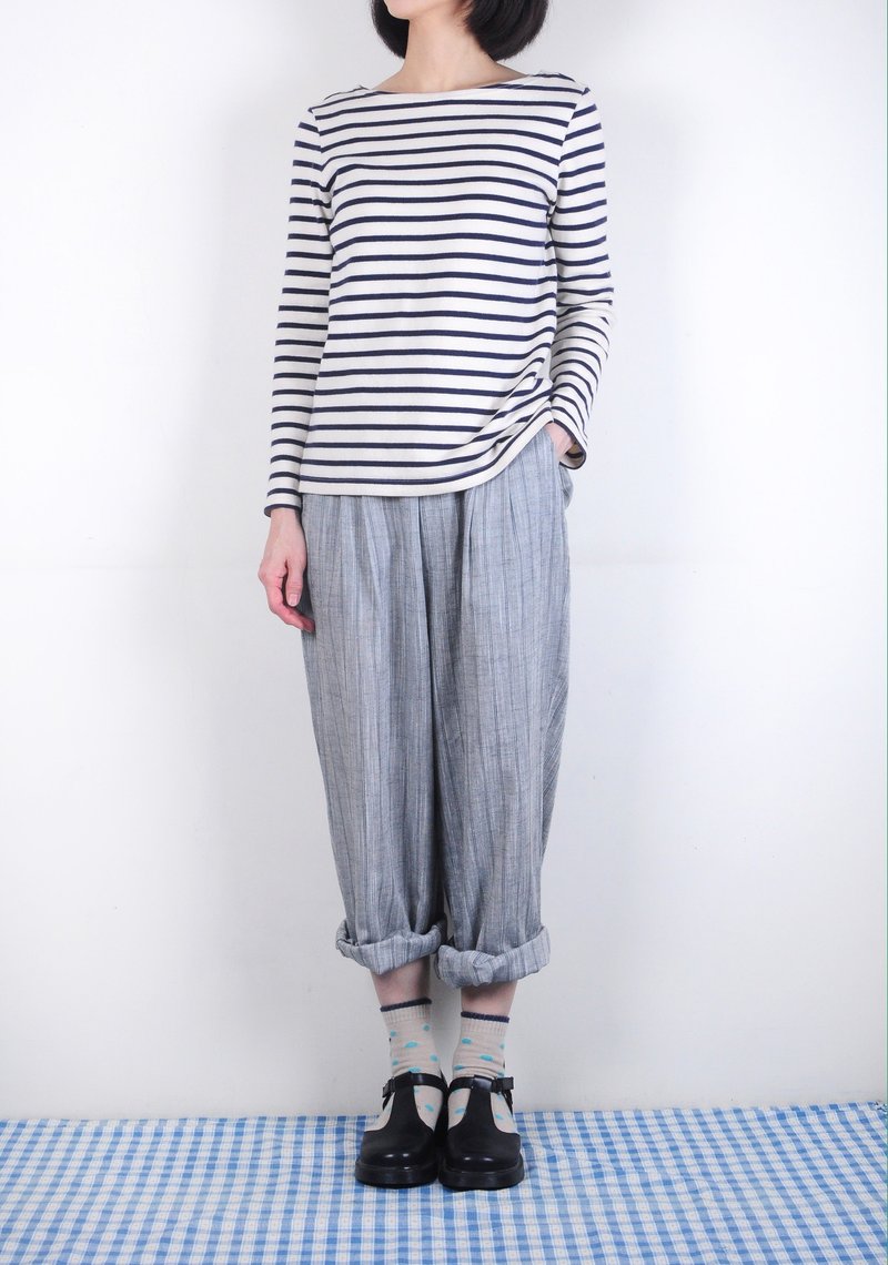 【蛋植物古着】灰色麻质混纺直条纹宽裤 - 女装长裤 - 其他材质 灰色