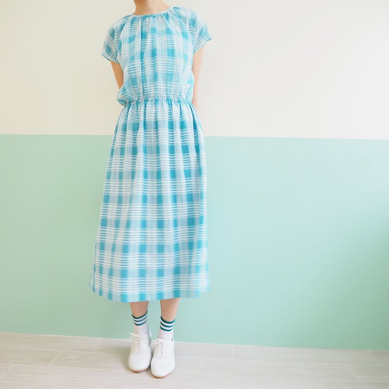 蓝绿格仔连衣裙 - 洋装/连衣裙 - 其他材质 蓝色