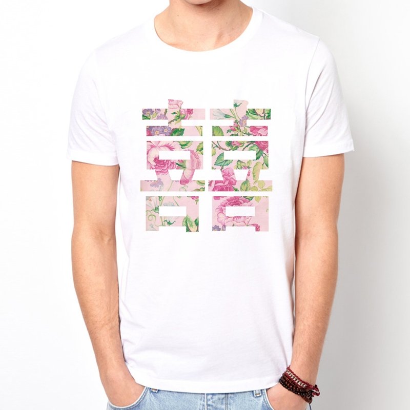 Chinese Joy-Flower 短袖T恤 白色 囍花碎花婚礼结婚 - 男装上衣/T 恤 - 棉．麻 白色