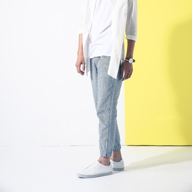 条纹拉链缩口九分裤 - 男士长裤 - 棉．麻 蓝色