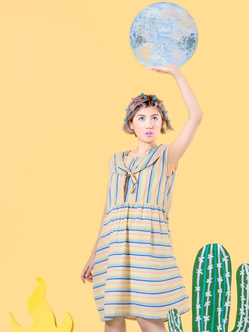 酸柠檬条纹领结洋装 - 洋装/连衣裙 - 其他材质 黄色