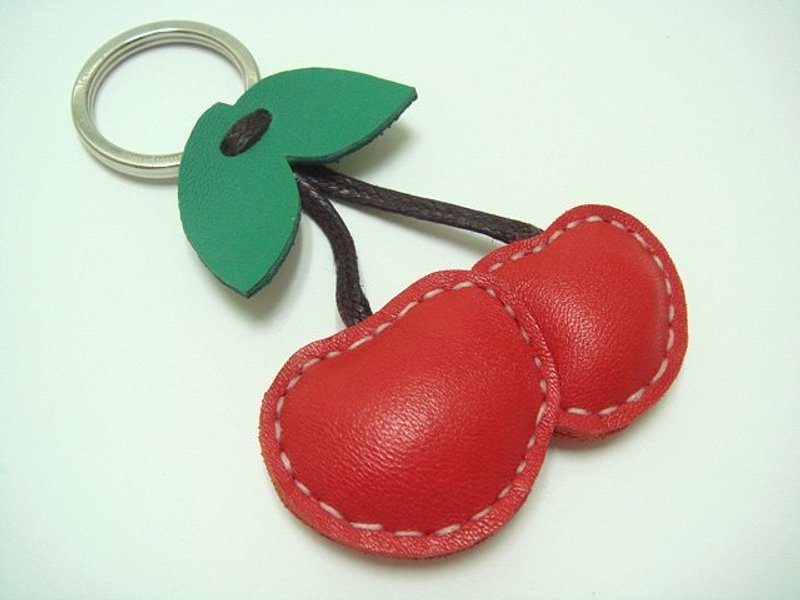 { Leatherprince 手工皮革 } 台湾MIT 红色 可爱 樱桃 纯手工缝制 皮革 钥匙圈 / Lovely Cherry Leather Keychain ( Red / Green ) - 吊饰 - 真皮 