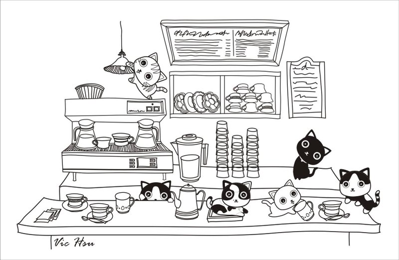 猫咪涂鸦手绘明信片－咖啡篇 - 卡片/明信片 - 纸 白色