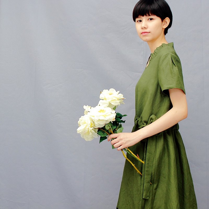 圣诞 礼物**日系森林风/绿色 亚麻 两穿抽绳洋装/裙摆造型/宽版洋装/领口布蕾丝* 最后折扣 最后一批布~ - 洋装/连衣裙 - 棉．麻 绿色