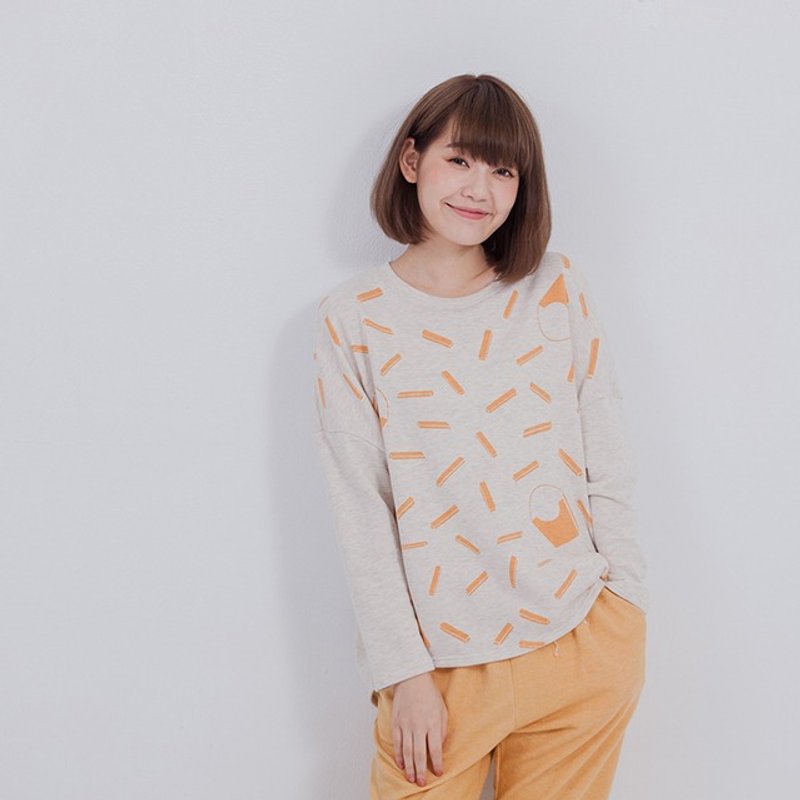 一起吃薯条长袖宽版女T/浅麻灰 - 女装 T 恤 - 其他材质 灰色