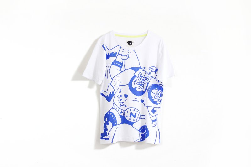 【Noddlefu纳豆腐】两人摔角Tee(白) - 女装上衣 - 棉．麻 黑色