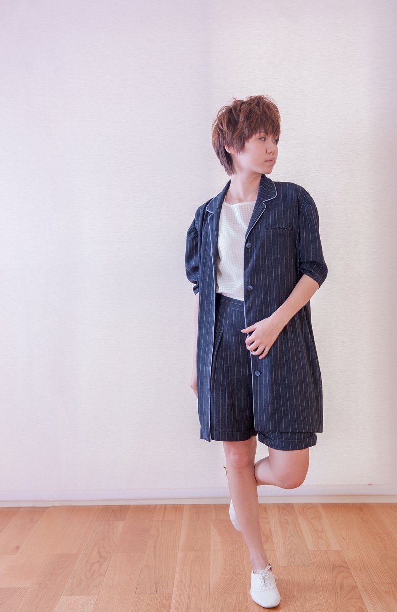 Kearny特殊袖型短袖衬衫长外套 - 女装休闲/机能外套 - 其他材质 蓝色