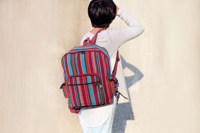 墨西哥风肩背包 boho帆布包 手工编织 手感后背包民族风方形-红色 - 后背包/双肩包 - 棉．麻 多色