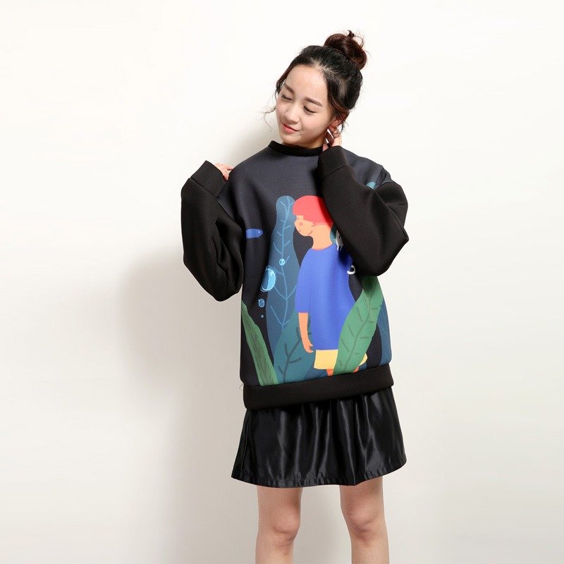 不渡BUDU 黑色趣味印花空气层卫衣外套 - 女装上衣 - 其他材质 黑色