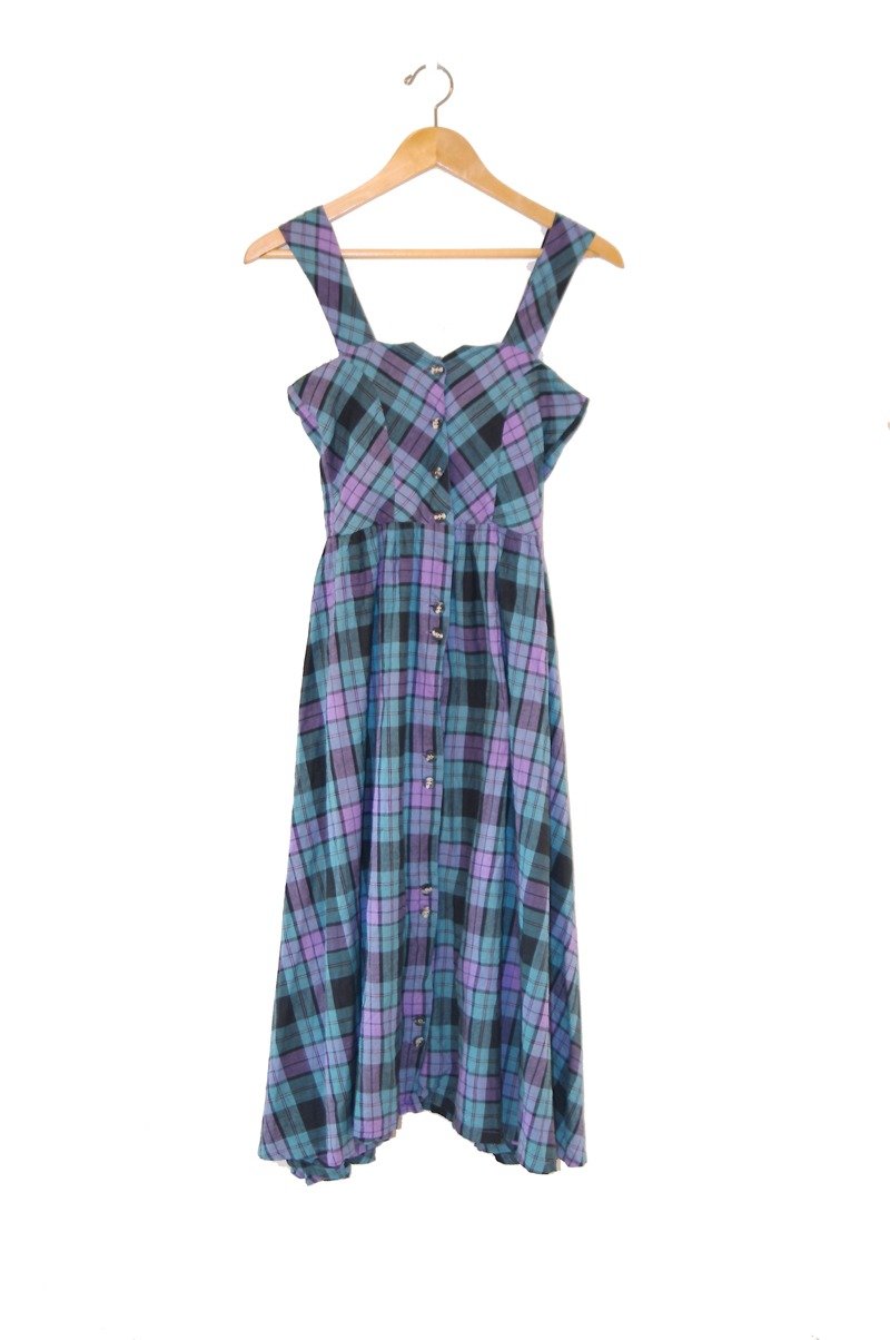 恰丸与猫♫~格子不规则群摆古着洋装 - 洋装/连衣裙 - 棉．麻 绿色