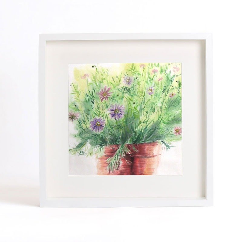 水墨原创画作《静默如谜》之-芳草青青（菊花）-家居装饰画带相框（含框35.5cm） - 海报/装饰画/版画 - 纸 绿色