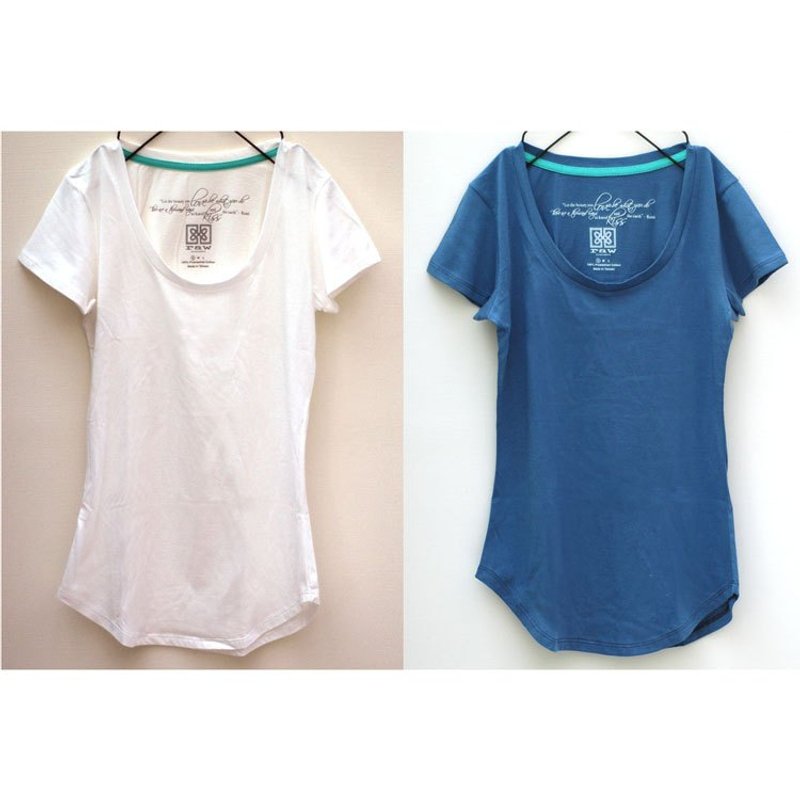 纯棉短袖圆领T恤 {米白+蓝} 组合特惠价 - 女装 T 恤 - 棉．麻 