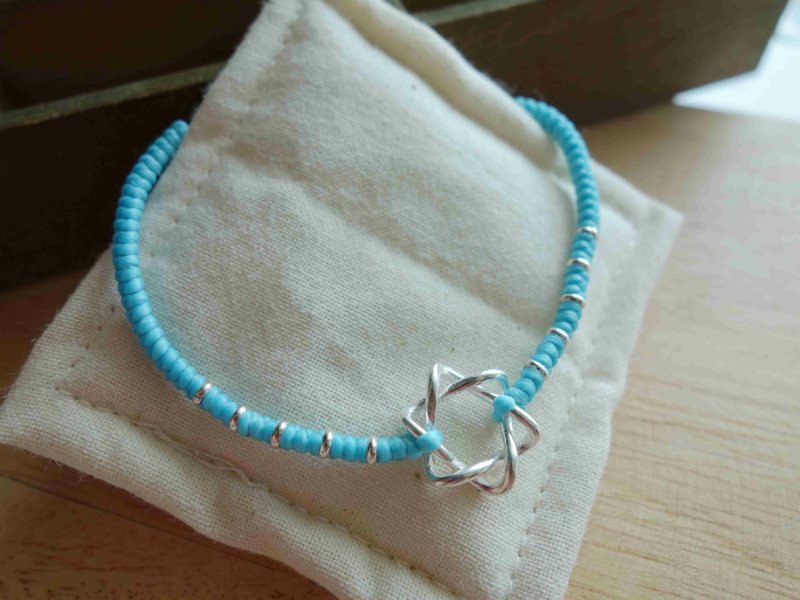 ~米+熊~ 925 纯银 六芒星 六角星 大卫之星 蚕丝蜡线 编织手链 - 手链/手环 - 其他金属 蓝色